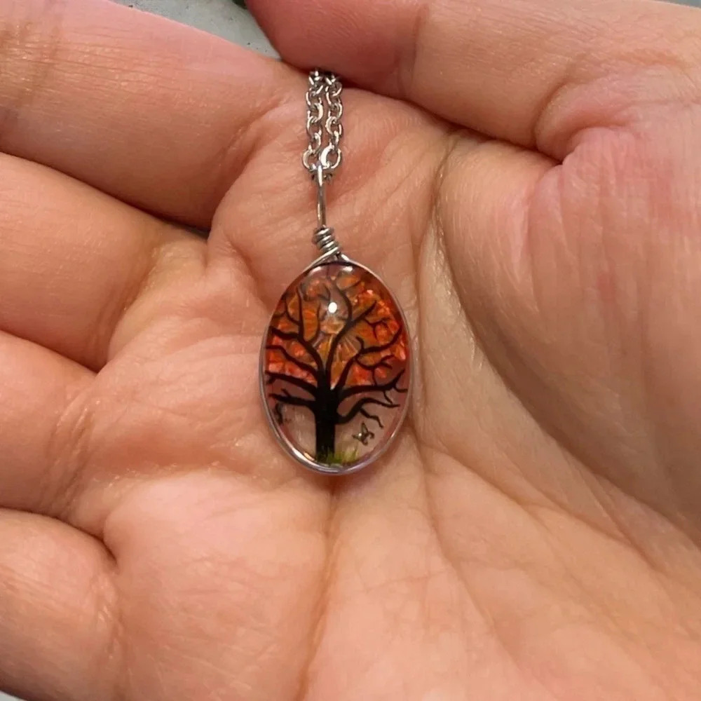 Resin Flower Pressed & Tree Oval Pendant Charm Stainless Steel Necklace